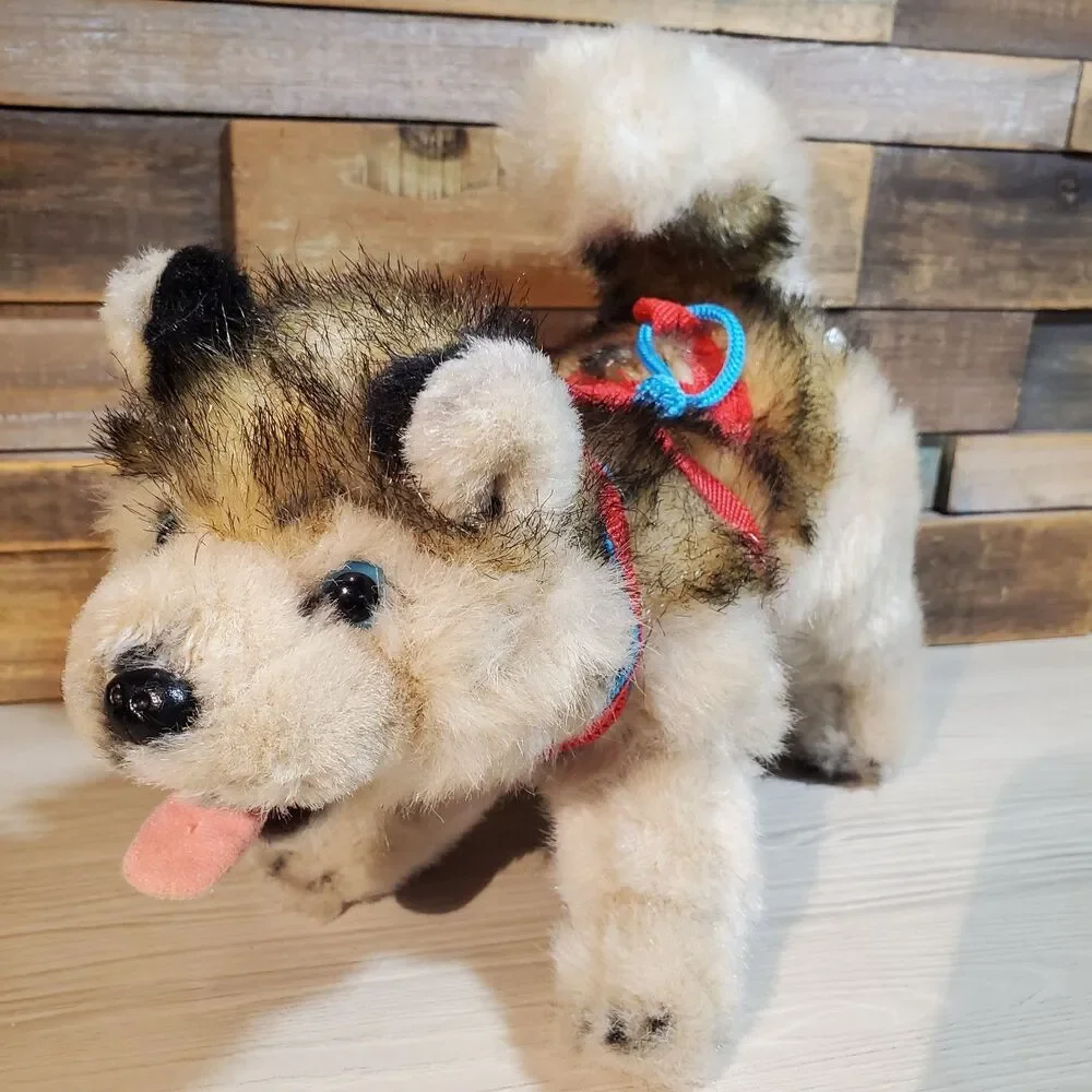 Kipmik Alaskan Husky Sled Dog 12” Realistic Fur Standing Plush Harness Blue Eyes